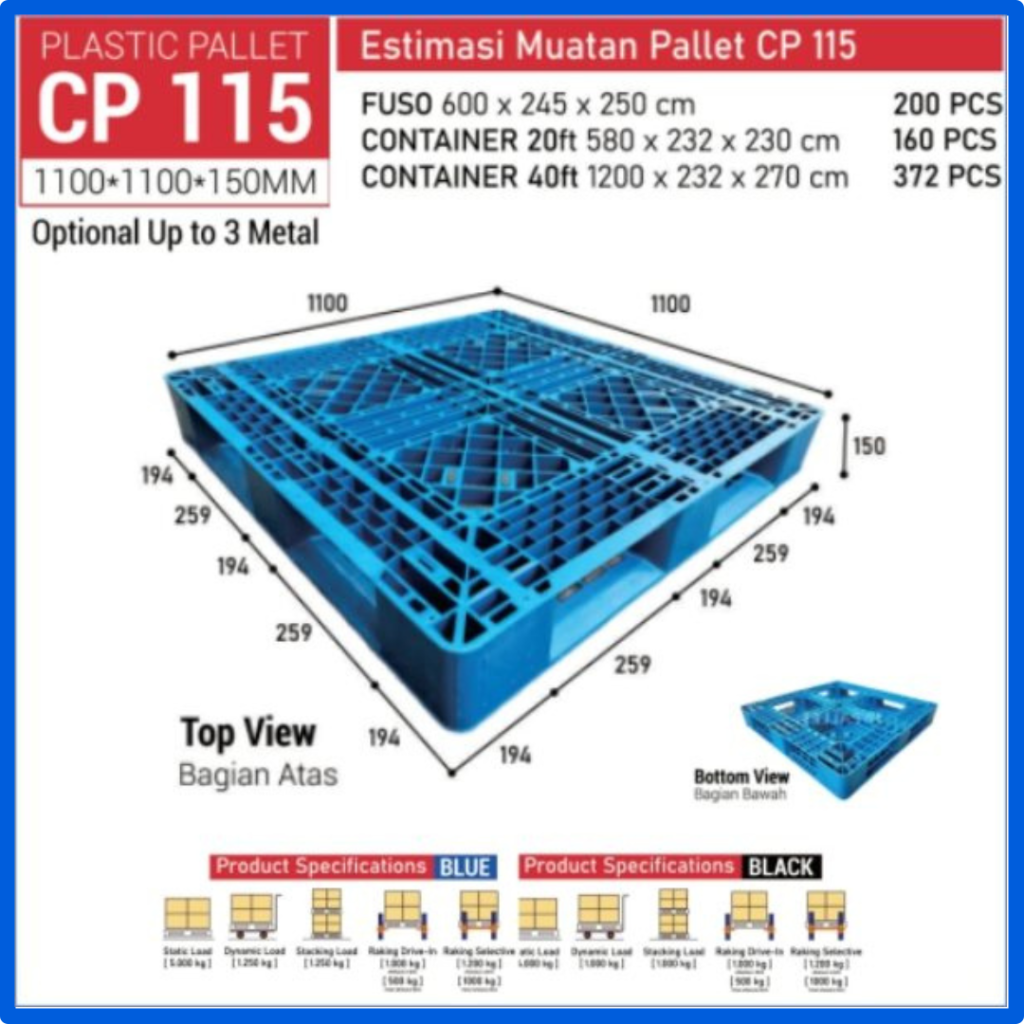 Pallet Plastik CP115 Ukuran 1100 x 1100 x 150