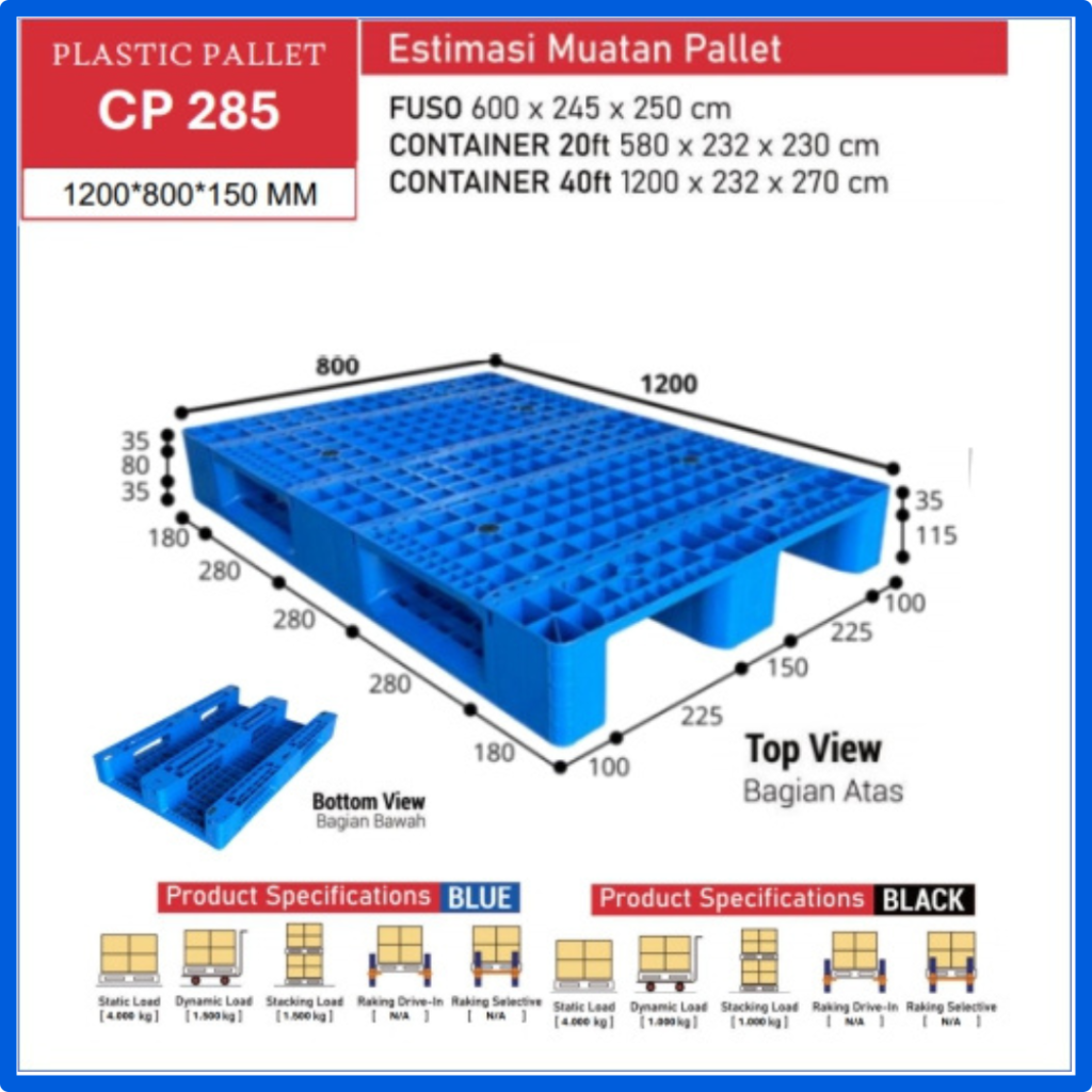 Pallet Plastik CP285 Ukuran 1200 x 800 x 150