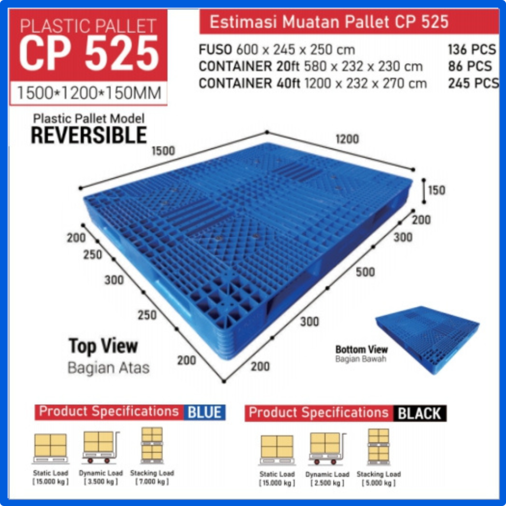 Pallet Plastik CP525 Ukuran 1500 x 1200 x 150