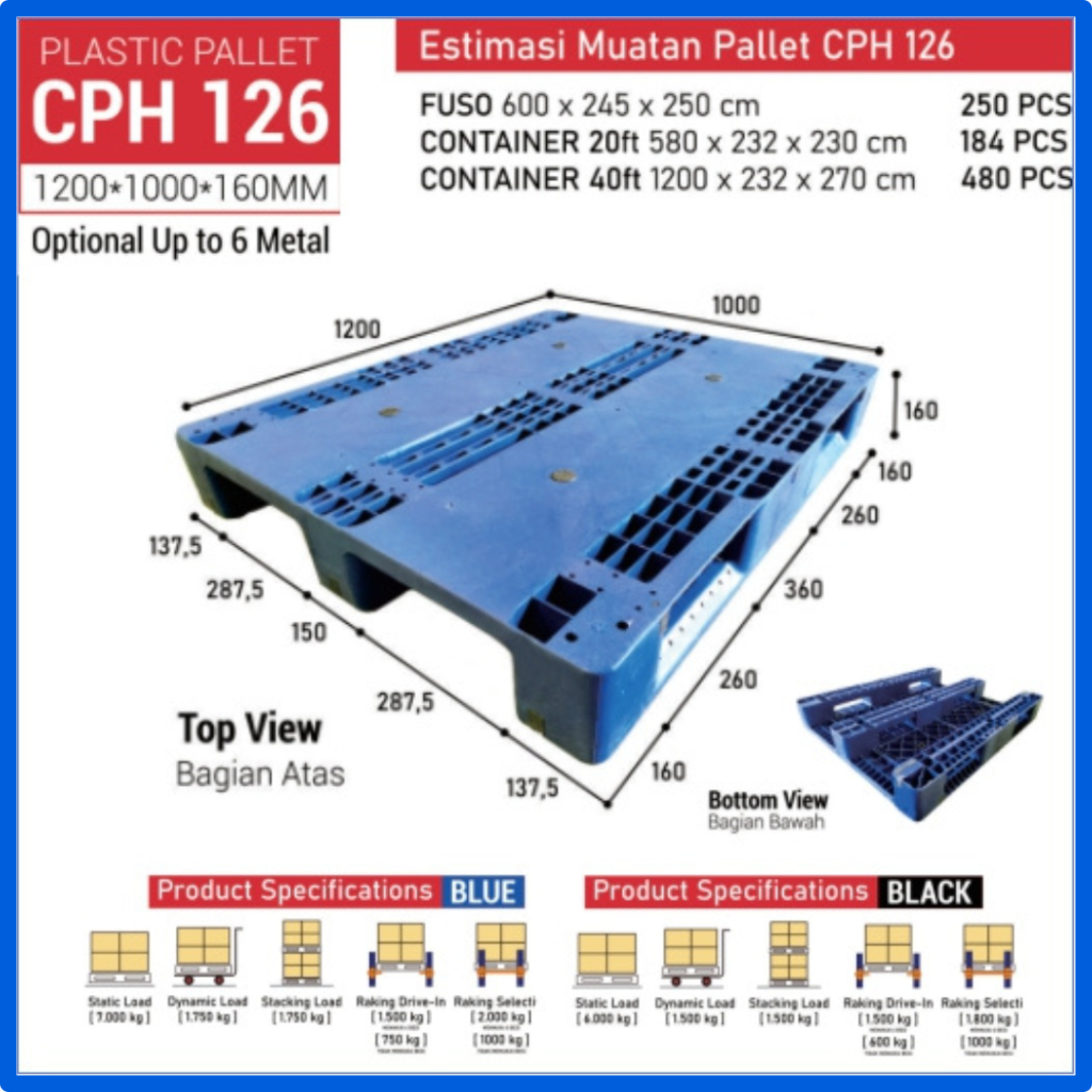 Pallet Plastik CPH126 Ukuran 1200 x 1000 x 160